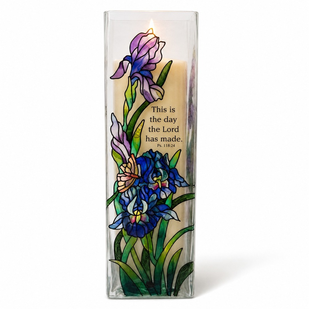 Joan Baker Designs Iris Glass Vase Candle Holder Psalm 118:24 10" Unused